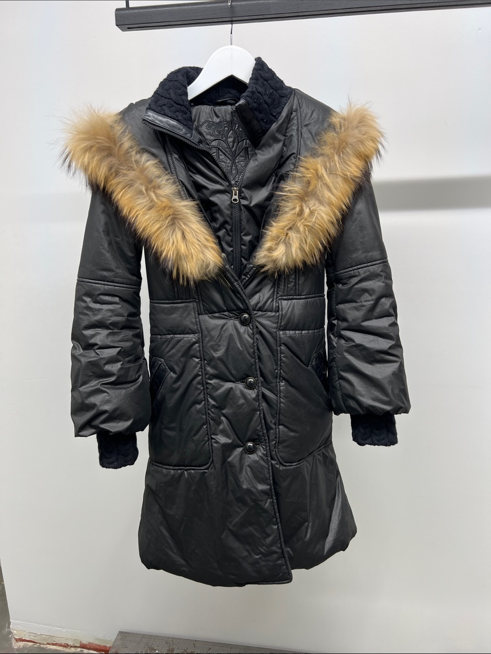 Mackage Black Long Puffer Coat with Fur Trim